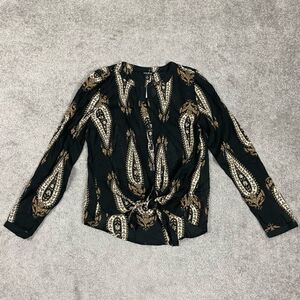 Lucky Brand Long Sleeve Tie Front Boho Paisley Black Blouse Top Brand New NWT S